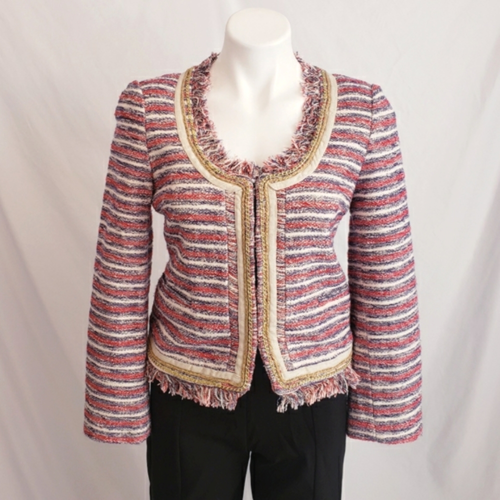 Boston Proper Tweed Fringe Blazer Red Blue Cream Size 2